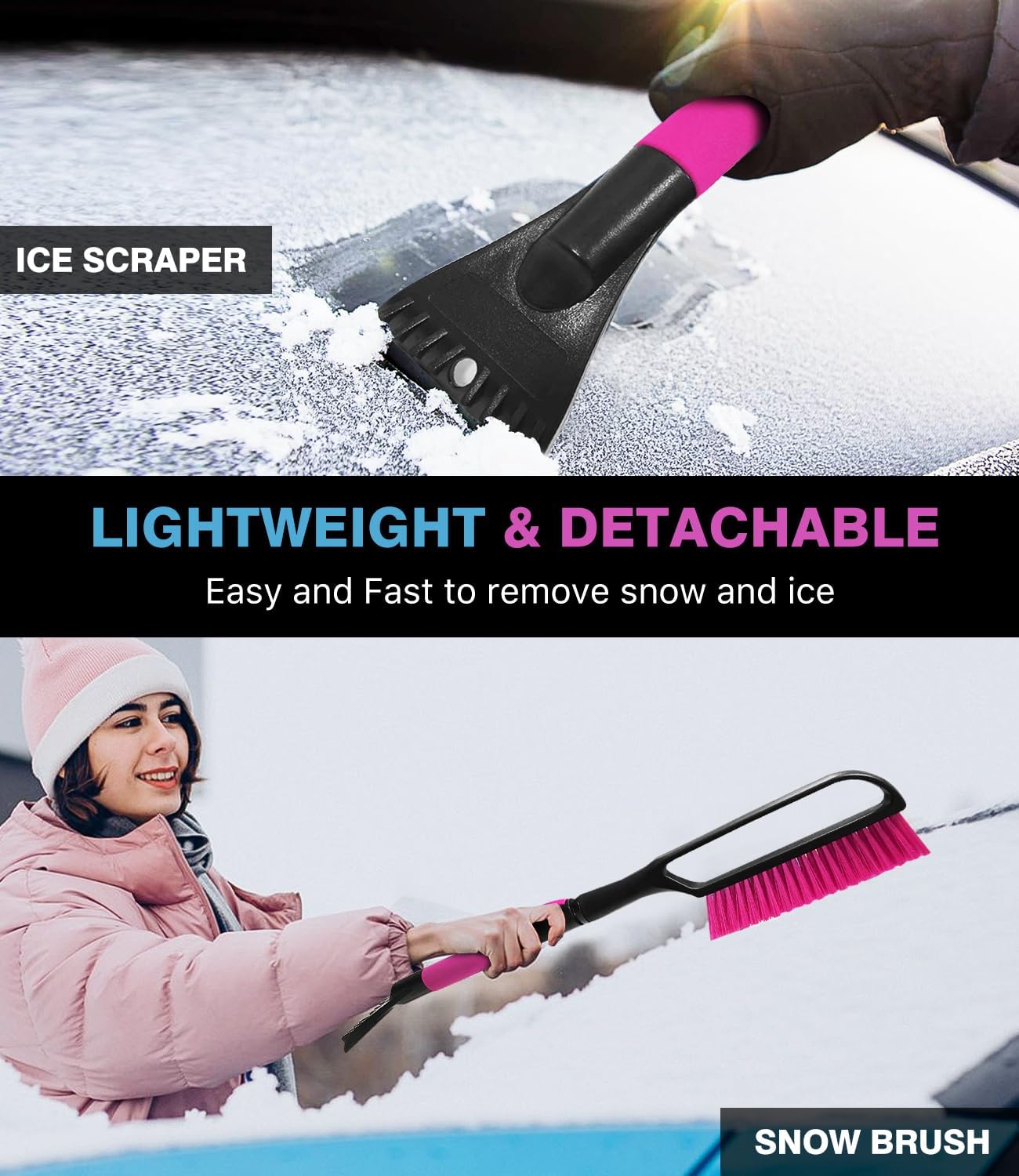 YeewayVeh 35 inch Snow Brush and Ice Scraper for Car Windshield, Extendable Snow Brush for Car with Soft Grip & Additional Handhold, 2 in 1 Detachable Snow Scraper for Car Truck SUV Vehicle, Magenta